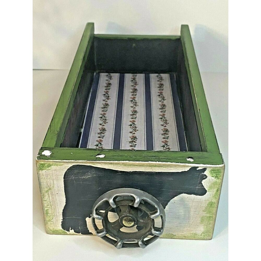 Farmhouse Wood Drawer Crate w/ Vintage Dairy Cow Spigot Handle, Green/Black